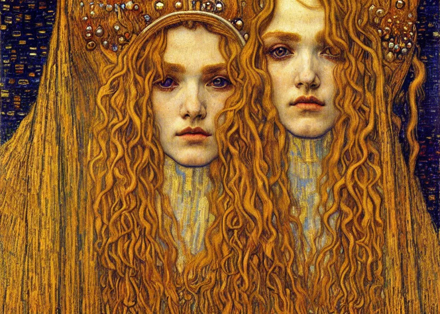 Image similar to detailed realistic beautiful young medieval queen face portrait by jean delville, gustav klimt and vincent van gogh, art nouveau, symbolist, visionary, gothic, pre - raphaelite, muted earthy colors, desaturated