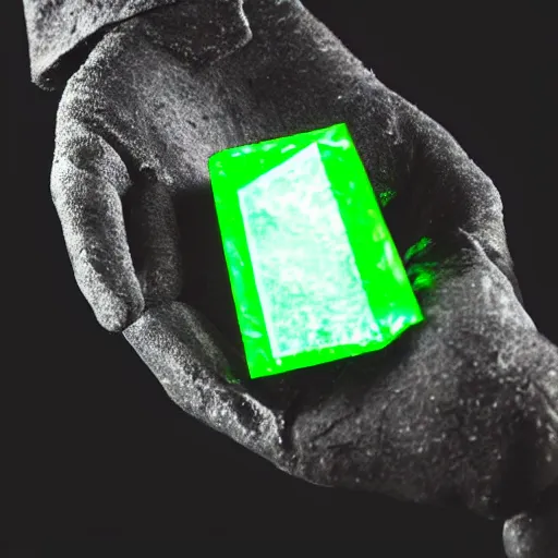 Image similar to a glowing shard of kryptonite held in an open black - gloved hand, pitch black background