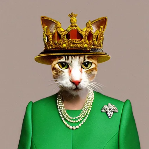 Image similar to portrait of a cat dressed as the queen of england, photorealist, 4 k