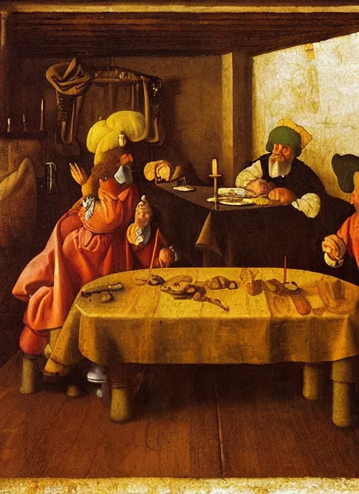 Prompt: a candlelit table at the inn, mario and luigi sitting at the table, swirling smoke, dark smoke, realistic, in the style of leonardo da vinci, dutch golden age, amsterdam, medieval painting by jan van eyck, johannes vermeer, florence