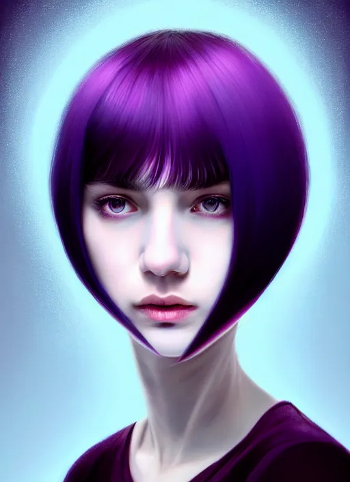 Image similar to hair whitebangs hair, black hair, whitebangs, portrait of teenage girl with white bangs, red irises, purple clothes, white bangs, bangs are different color from hair, intricate, elegant, glowing lights, highly detailed, digital painting, artstation, concept art, smooth, sharp focus, illustration, art by wlop, mars ravelo and greg rutkowski