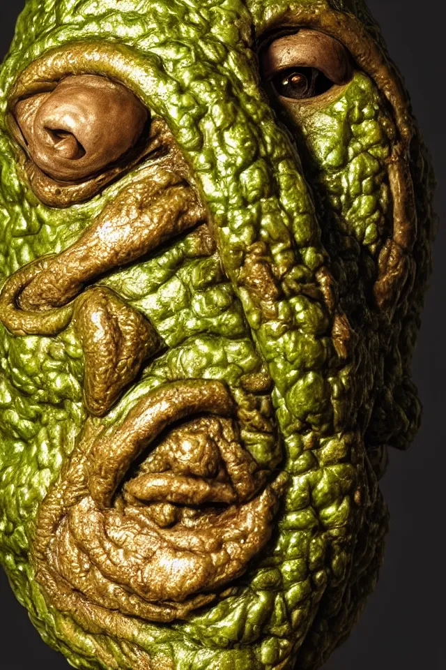 Image similar to renaissance portrait close up of highly detailed respected dragonskinned avocado, fake mustache, dramatic cinematic lighting, 8 k