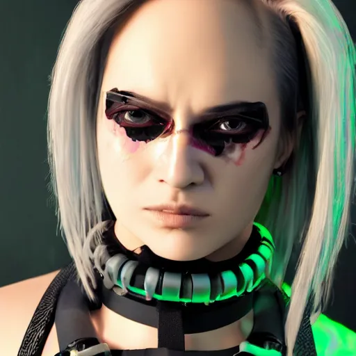 Image similar to detailed realistic cyberpunk female character cyberpunk wearing large steel collar around neck, realistic, art, beautiful, 4K, collar, choker, collar around neck, punk, artstation, detailed, female, woman, choker, cyberpunk, neon, punk, collar, choker, collar around neck, thick collar, choker around neck, wearing choker, wearing collar, bright neon punk hair,