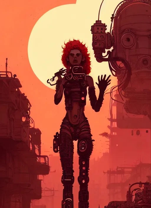 Image similar to highly detailed portrait of a wasteland long curly red hair tribal lady, stray wiring by atey ghailan, james gilleard, by joe fenton, by greg rutkowski, by greg tocchini, by kaethe butcher, 4 k resolution, gradient red, orange, black and white color scheme!!! ( ( burning robotic dystopian city background ) )