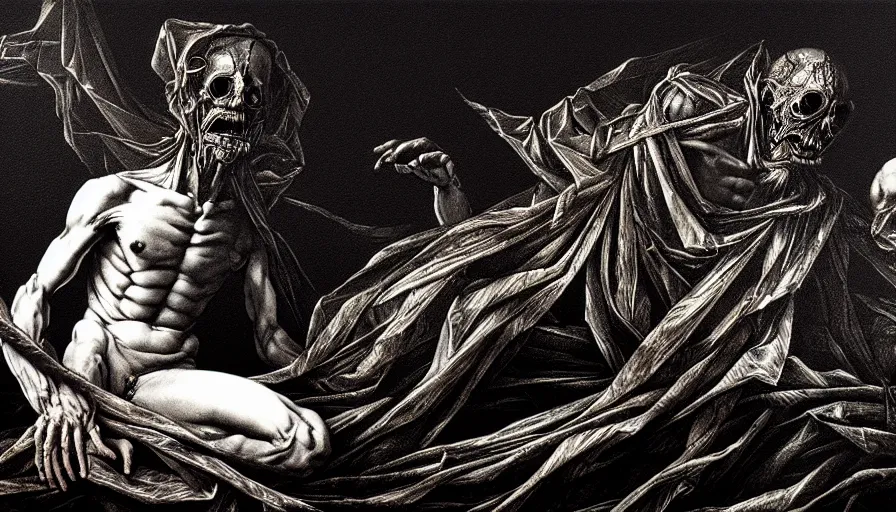 Prompt: highly detailed dark rotting god sit on the tron, night, death, fear, horror, religion, monochrome, caravaggio, hyperrealism, detailed and intricate environment