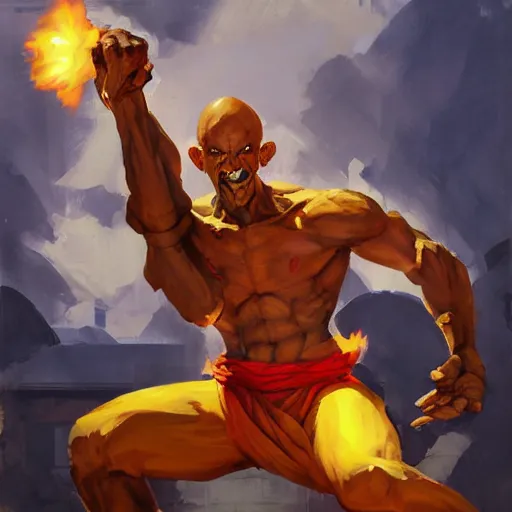 Image similar to greg manchess portrait painting of dhalsim from street fighter shaping a fireball as overwatch character, medium shot, asymmetrical, profile picture, organic painting, sunny day, matte painting, bold shapes, hard edges, street art, trending on artstation, by huang guangjian and gil elvgren and gerald brom