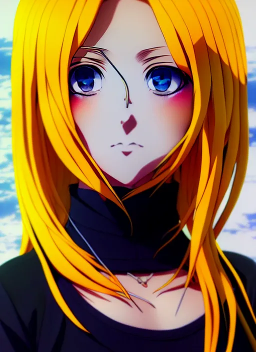 Image similar to anime portrait of a beautiful blonde, yellow - orange eyes, ilya kuvshinov, black clothing, anime, pixiv top monthly, trending on artstation, cinematic, danbooru, zerochan art, kyoto animation