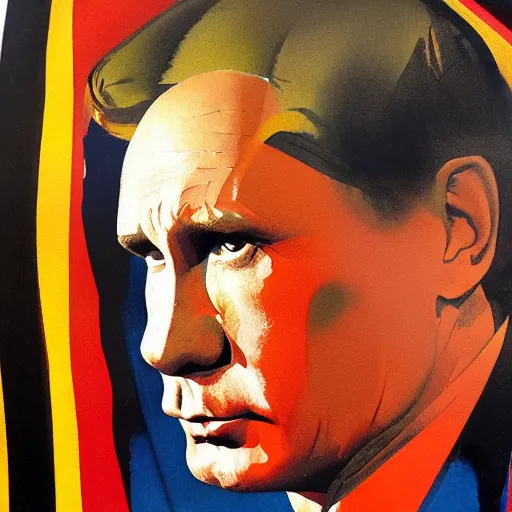 Image similar to photorealistic picture, by bob peak and alex ross, putin poster propaganda, gouache and wash paints, fine details, fine intricate, fine facial proportionate, fine body proportionate, fine fix broken line, fine fix duplicate line, fine environment proportionate, smooth focus, sharp details, bokeh, 4 k, fine 5 k details