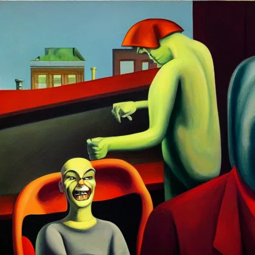 Image similar to laughing evil mastermind, human subjugation, mind control, dystopian, pj crook, edward hopper, oil on canvas