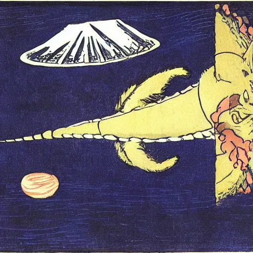 Prompt: a cat sitting on a rocketship headed for the moon made of cheese, by hokusai and george bellows