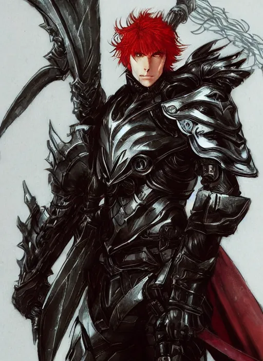 Image similar to Half body portrait of a handsome red haired elven prince with dragon eyes in light armour and a spear. In style of Yoji Shinkawa and Hyung-tae Kim, trending on ArtStation, dark fantasy, great composition, concept art, highly detailed.