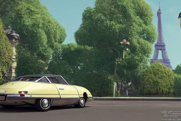Prompt: a wholesome beautiful animation key shot of!! one!! focused!! 1 9 7 4 citroen ds!! in a tree lined paris street, slight view of eiffel tower, medium shot, studio ghibli, ( pixar ) and disney animation, sharp, very detailed, high resolution, rendered in unreal engine 5, anime key art by greg rutkowski, bloom, dramatic lighting