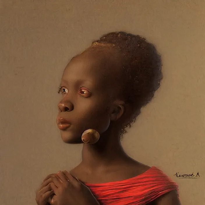 Image similar to a painting of a African girl by Leonardo da Vinci . dramatic angle, ethereal lights, details, smooth, sharp focus, illustration, realistic, cinematic, artstation, award winning, rgb , unreal engine, octane render, cinematic light, macro, depth of field, blur, red light and clouds from the back, highly detailed epic cinematic concept art CG render made in Maya, Blender and Photoshop, octane render, excellent composition, dynamic dramatic cinematic lighting, aesthetic, very inspirational, arthouse.