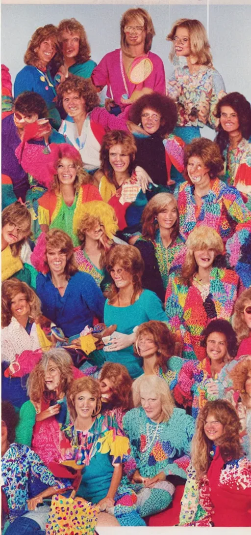 Image similar to multicolored crocheted party, 1 9 8 0 s catalogue photo