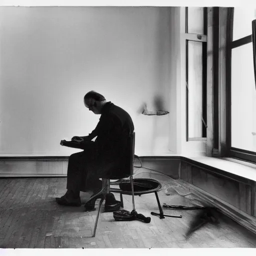 Image similar to a long exposure shot of Marcel Duchamp working on a readymade object, archival pigment print