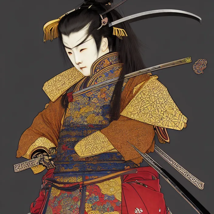 Image similar to anthropomorphic samurai bear, fantasy, intricate, highly detailed, lifelike, photorealistic, digital painting, artstation, illustration, concept art, smooth, sharp focus, art by alphonse mucha and kitagawa utamaro and ogata korin and aya takano