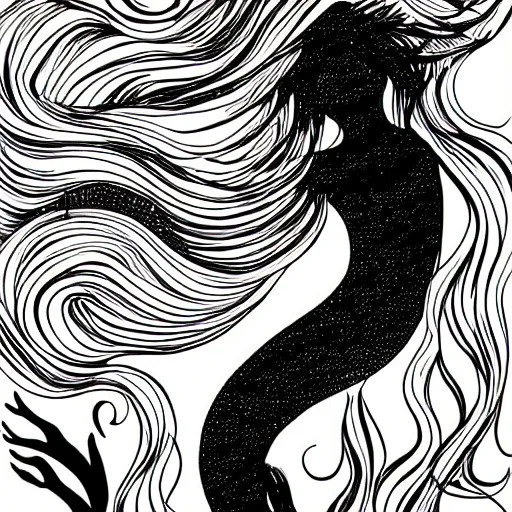 Prompt: black and white illustration, creative bold design, mermaid