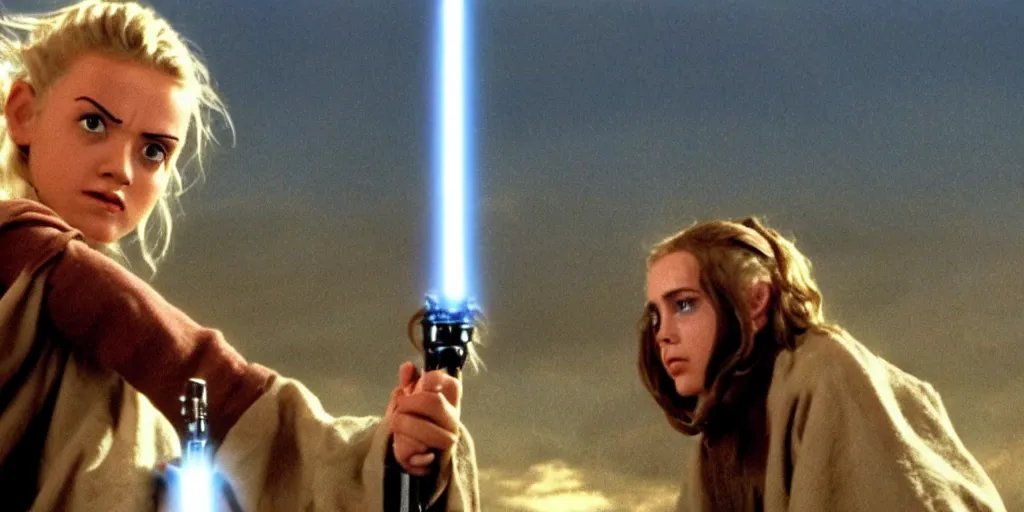 Image similar to A full color still of a teenage blonde Jedi padawan holding a lightsaber hilt, looking scared, sci-fi city in the background, windy, from The Phantom Menace, directed by Steven Spielberg, 35mm!!! 1990