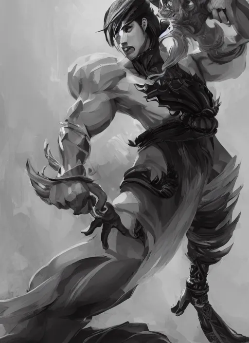 Image similar to a highly detailed illustration of fierce short white haired parted through the middle young attractive asian man, wearing hakama, with black sclera eyes, heroically battle posing, muscular, intricate, elegant, highly detailed, centered, digital painting, artstation, concept art, smooth, sharp focus, league of legends concept art, WLOP