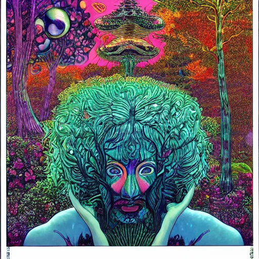 Prompt: A beautiful composition of a psychedelic glowing spirit animal psychonaut floating above a hedge maze, DMT, rich details full of texture, realistic eyes, artwork by Satoshi Kon and Yoshitaka Amano and Moebius,