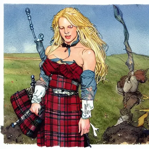 Prompt: a realistic and atmospheric watercolour fantasy concept art of britney spears dressed with scottish clothes and with bagpipe, muted colors. by rebecca guay, michael kaluta, charles vess and jean moebius giraud,