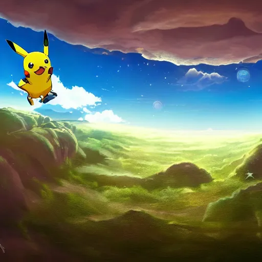 Image similar to a stunning wide angle view a pikachu jumping from a cliff into space, highly detailed clouds, artistic composition, sharp focus, intricate concept art, digital painting, colorful flat surreal design, hd, 8 k, artstation, ambient lighting