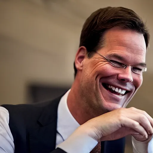 Prompt: closeup portrait of mark rutte dutch prime minister laughing, photography