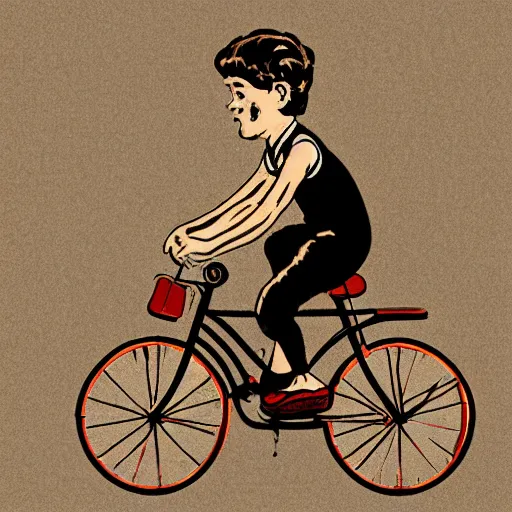 Prompt: vintage illustration style of a boy riding a bicycle