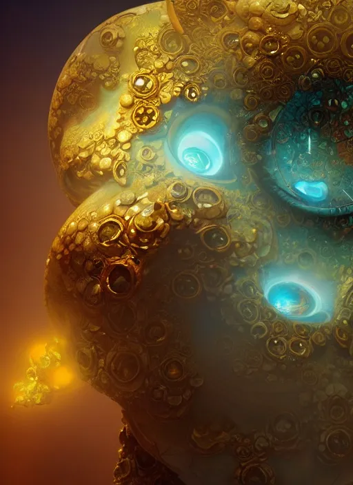 Image similar to flowers within the whole infinite capsule apparent with awe the apparition, an idea seep's into infinity highly detailed in volumetric latent space, golden turquoise steampunk, high contrast cinematic light, mystical shadows, sharp focus, divine realm of gods, octane render, artist by boris vallejo,