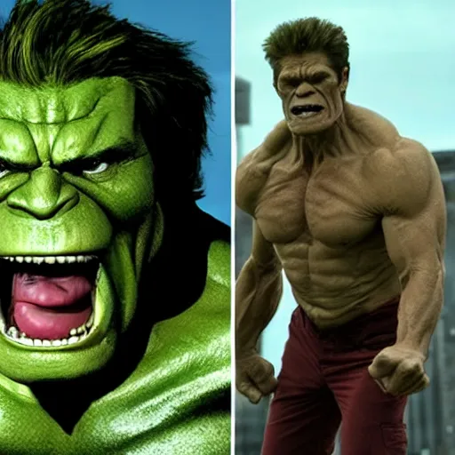 Image similar to willem dafoe as a hulk