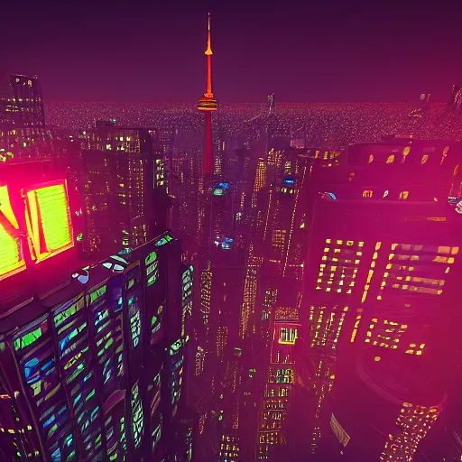 Image similar to Neon cyberpunk cityscape of Toronto Canada including CN tower with flying cars and advertisement screens, Blender 3D, Unreal Engine, 8k, by Jordan Grimmer and Andrea Pozzo