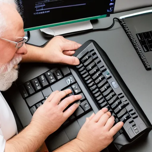 Image similar to a fat old man with a white beard typing on a mechanical keyboard in front of a computer, detailed,