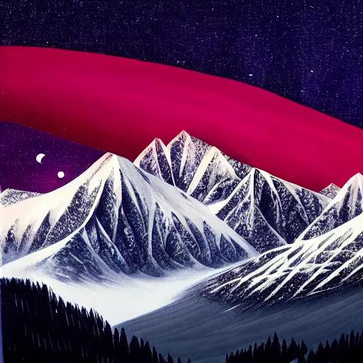 Image similar to 8k portrait of Kashmir with icy mountains landscape and red moon and stars with faint aurora