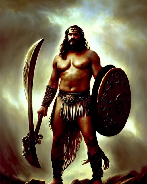 Image similar to beautiful portrait oil painting, jason momoa conan the barbarian wearing a golden wreath crown in royal crimson spartan armor enthroned as the god emperor of ancient rome, mid - shot, action pose, standing in a dungeon, frank frazetta, boris vallejo, greg rutkowski, beautiful cinematic light, american romanticism, by thomas lawrence, greg rutkowski