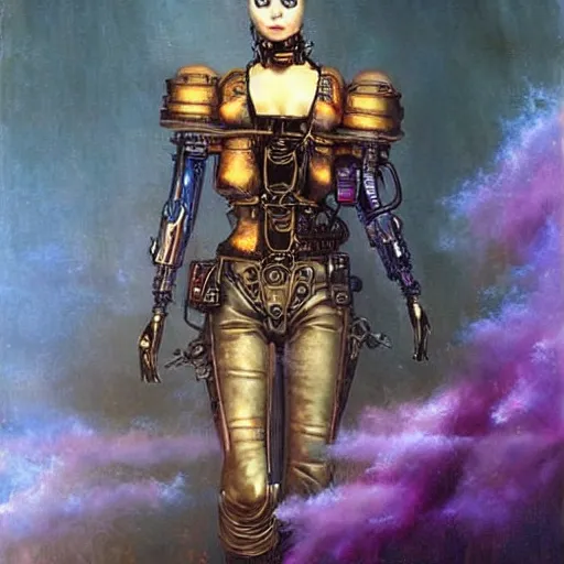 Prompt: steampunk android that emits purple fog, art by howard david johnson