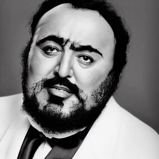 Prompt: black and white photo, portrait of Luciano Pavarotti by richard avedon, realistic, Leica, medium format, cinematic lighting, parallax, high resolution,