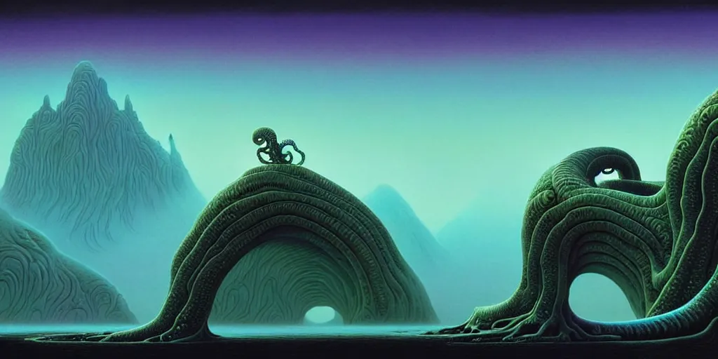 Image similar to highly detailed fantasy art of an alien cephalopod creature in a surreal landscape filled with mountains and mist, diffuse lighting, fog, muted colors, by roger dean, kilian eng. mœbius