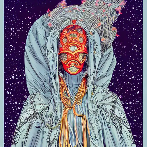 Image similar to beautiful portrait of the mysterious cybernetic masked figure, vogue cover, vogue poses, beautiful ornamental silk cape, intricate, highly detailed, masterful, fantasy world, sci fi world, in the style of moebius, akira toriyama, jean giraud