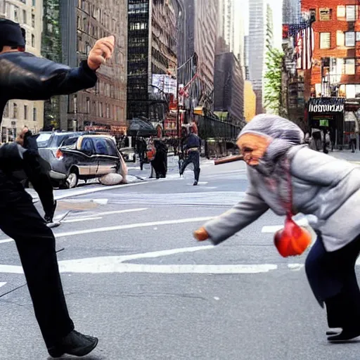 Prompt: mehmet oz punching an old lady walking across the street. this took place in new york city. highly realistic photograph. police are on the scene but he doesn't stop beating the old lady.