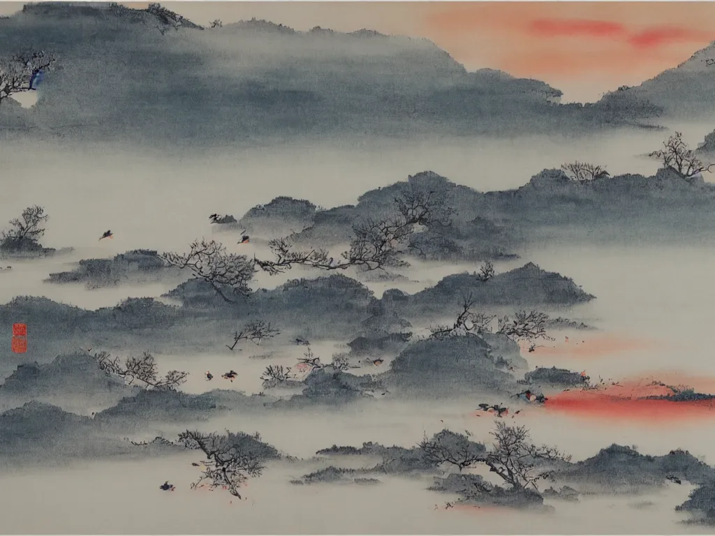Image similar to rosy clouds fly with lone mallards side by side, autumn waters blend into the hues of th'vast sky, sunset, cinematic landscape ， on a snowy day, natural light, ink painting, traditional chinese painting, by xu beihong
