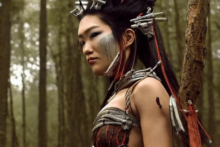 Image similar to vfx movie scene closeup ancient nomad cyborg warrior geisha in a smoldering forest. by emmanuel lubezki