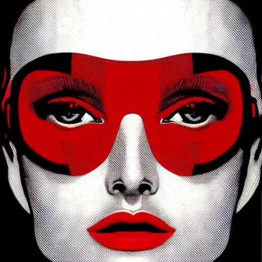 Image similar to “Natalie Portman highly detailed portrait, by Jamie Hewlett, red black white colors, white hair, space on the background, red eyes”