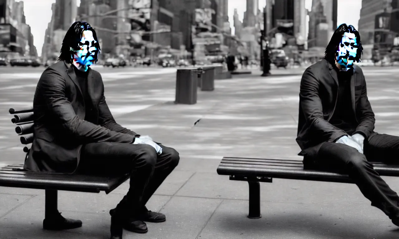 Image similar to keanu reaves sitting on a bench in the new york city with a sad face, photorealistic, ultrarealistic landscape photography, 8 k