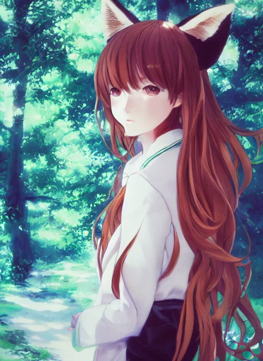 Image similar to portrait painting by shigenori soejima, girl, fox ears, focus on face, forest background, pretty, cinematic lighting, painterly, long wavy orange hair, light brown trenchcoat
