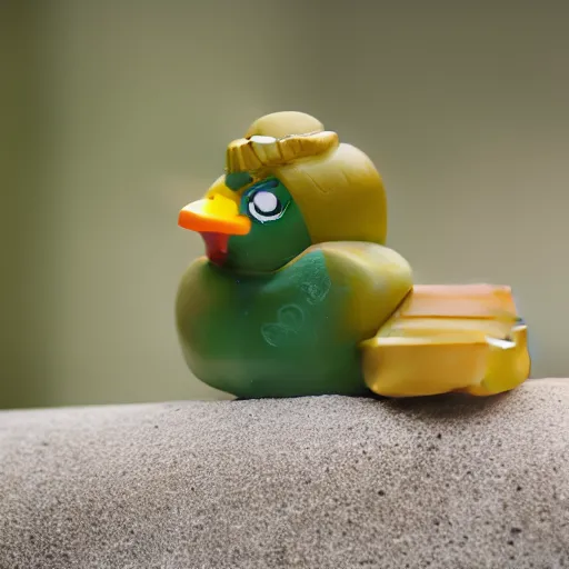Prompt: rubber ducky with a brick in its mouth, photorealistic, Sigma 105mm f/1.4