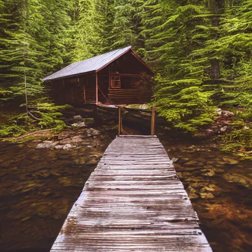 Prompt: Cabin in Canadian forest, creek, wooden bridge, waterfall, award winning photo, 100mm lens, f2.8, low contrast