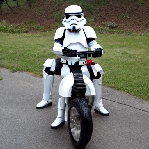 Image similar to stormtrooper riding a motorcycle