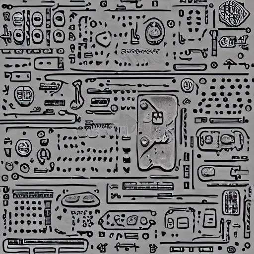 Image similar to 2 d illustration of ancient technology artifact made of steel and stone, with glow on some of its parts, random monochromatic pattern background