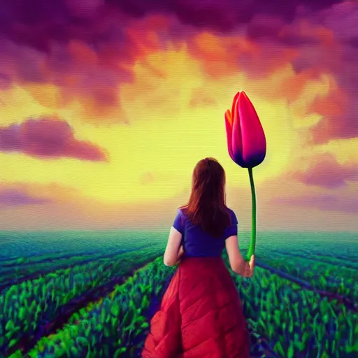 Image similar to girl with a single giant tulip as a head, surreal photography, flower field, sunset dramatic light, impressionist painting, colorful clouds, blue sky, digital painting, artstation, simon stalenhag