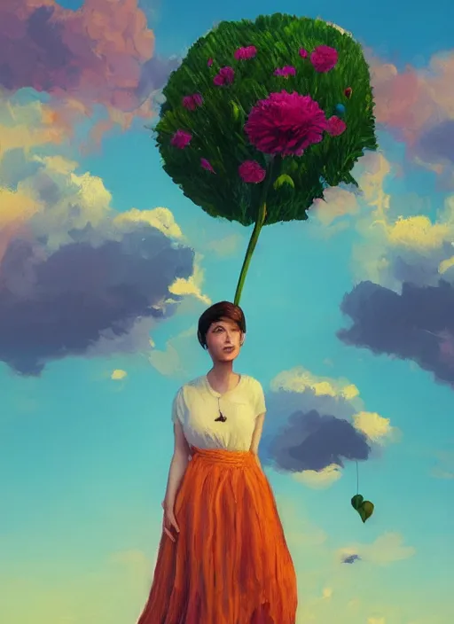 Image similar to portrait of a woman with a giant carnation as a face, flower field, surreal photography, sunset dramatic light, impressionist painting, colorful clouds, blue sky, digital painting, artstation, simon stalenhag